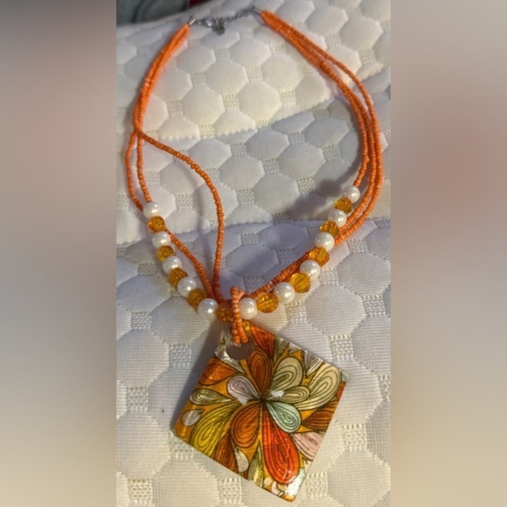 Orange and Yellow Floral Abalone Pendant Necklace